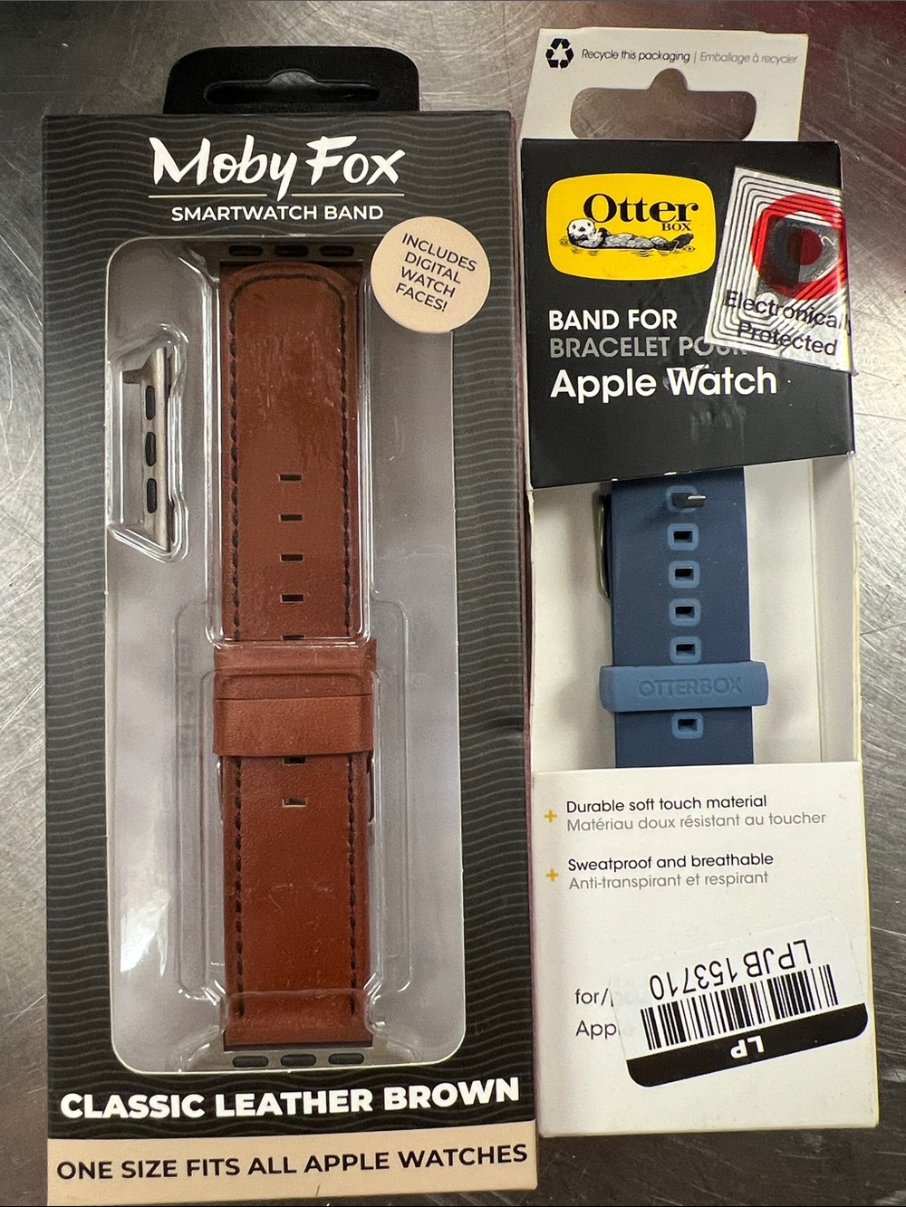Moby Fox Classic Leather Band and Blue OtterBox band for Apple Watch